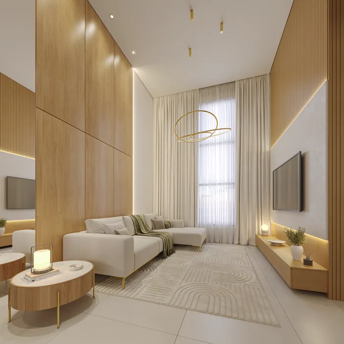 Casa Linear 03 Suítes – Valle Verde — sala de estar com pé-direito duplo